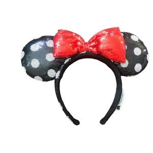 Minnie Mouse Disney Parks Ears Blacl & White Polka Dots Red Bow Headband